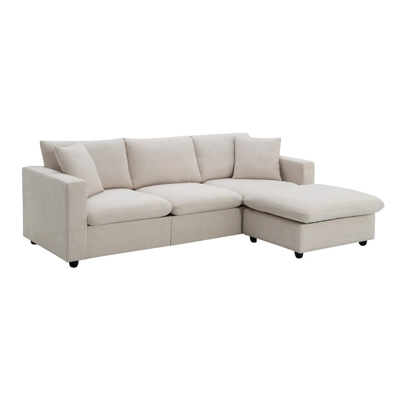 Canapé d'angle moderne, ensemble de canapé en forme de L avec 2 oreillers offerts, ensemble de canapé 4 places en tissu polyester avec ottoman convertible