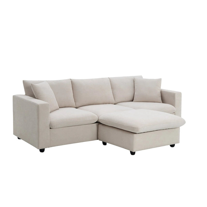 Canapé d'angle moderne, ensemble de canapé en forme de L avec 2 oreillers offerts, ensemble de canapé 4 places en tissu polyester avec ottoman convertible