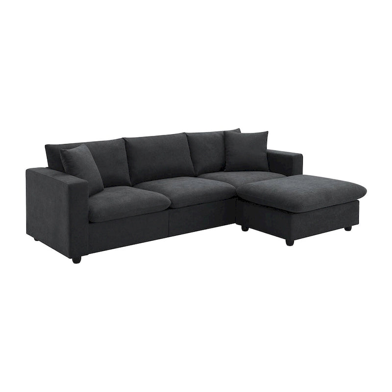 Canapé d'angle moderne, ensemble de canapé en forme de L avec 2 oreillers offerts, ensemble de canapé 4 places en tissu polyester avec ottoman convertible