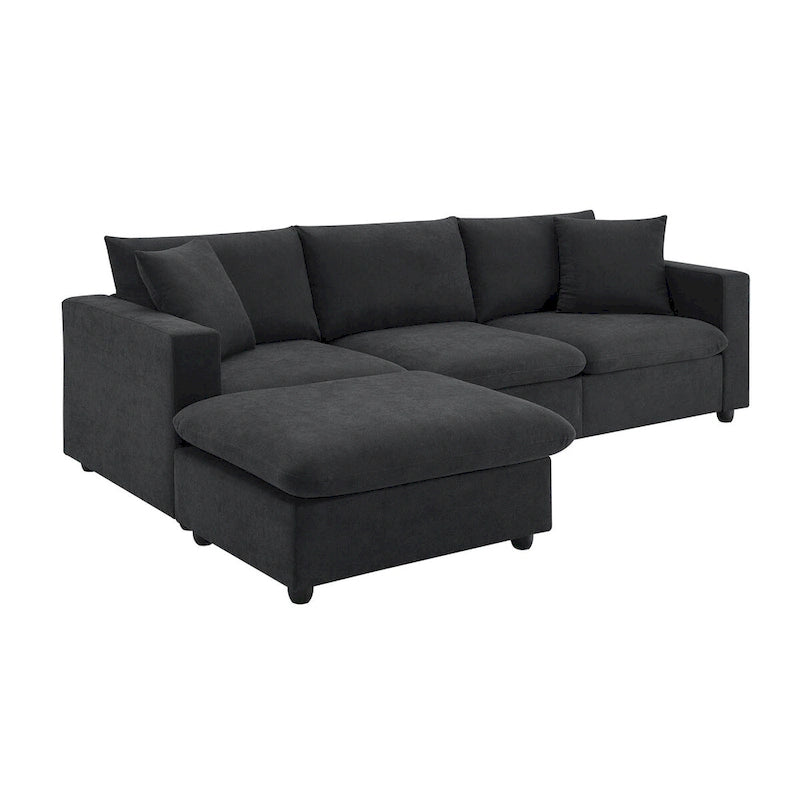 Canapé d'angle moderne, ensemble de canapé en forme de L avec 2 oreillers offerts, ensemble de canapé 4 places en tissu polyester avec ottoman convertible