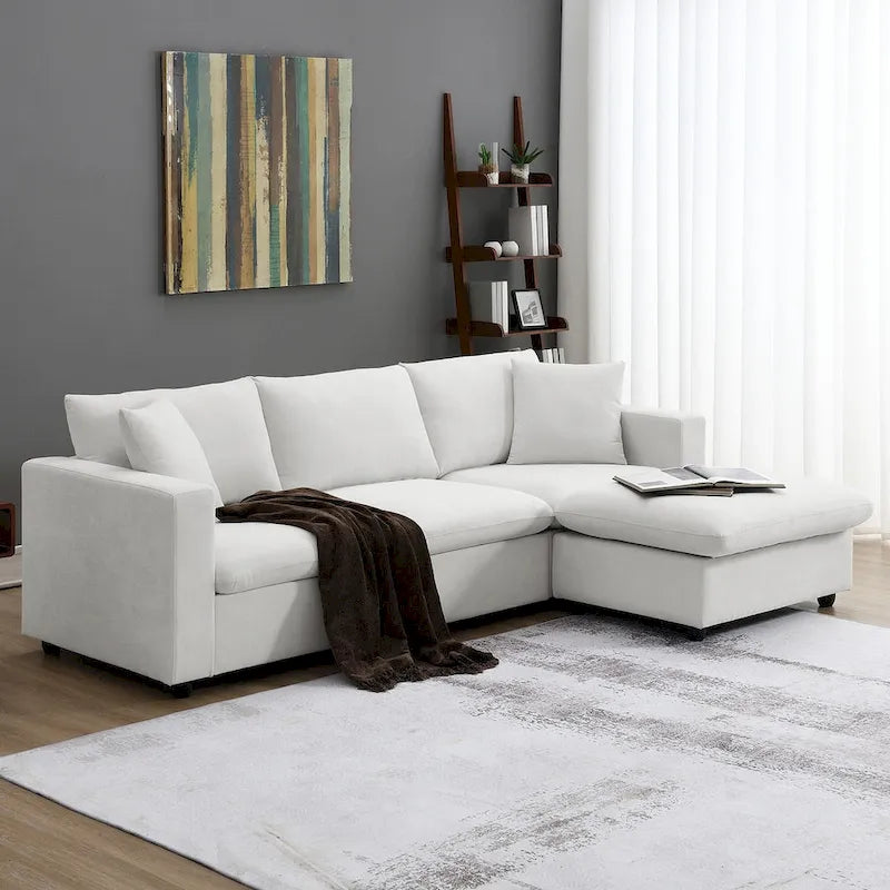 Canapé d'angle moderne, ensemble de canapé en forme de L avec 2 oreillers offerts, ensemble de canapé 4 places en tissu polyester avec ottoman convertible