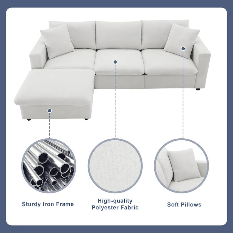 Canapé d'angle moderne, ensemble de canapé en forme de L avec 2 oreillers offerts, ensemble de canapé 4 places en tissu polyester avec ottoman convertible