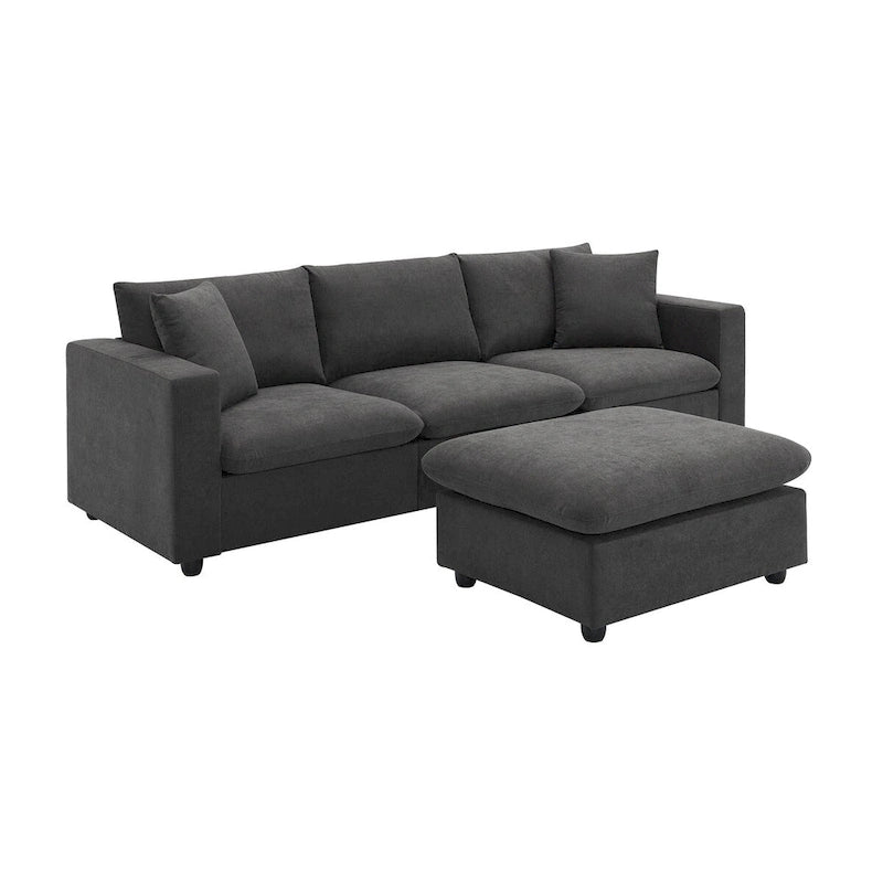 Canapé d'angle moderne, ensemble de canapé en forme de L avec 2 oreillers offerts, ensemble de canapé 4 places en tissu polyester avec ottoman convertible