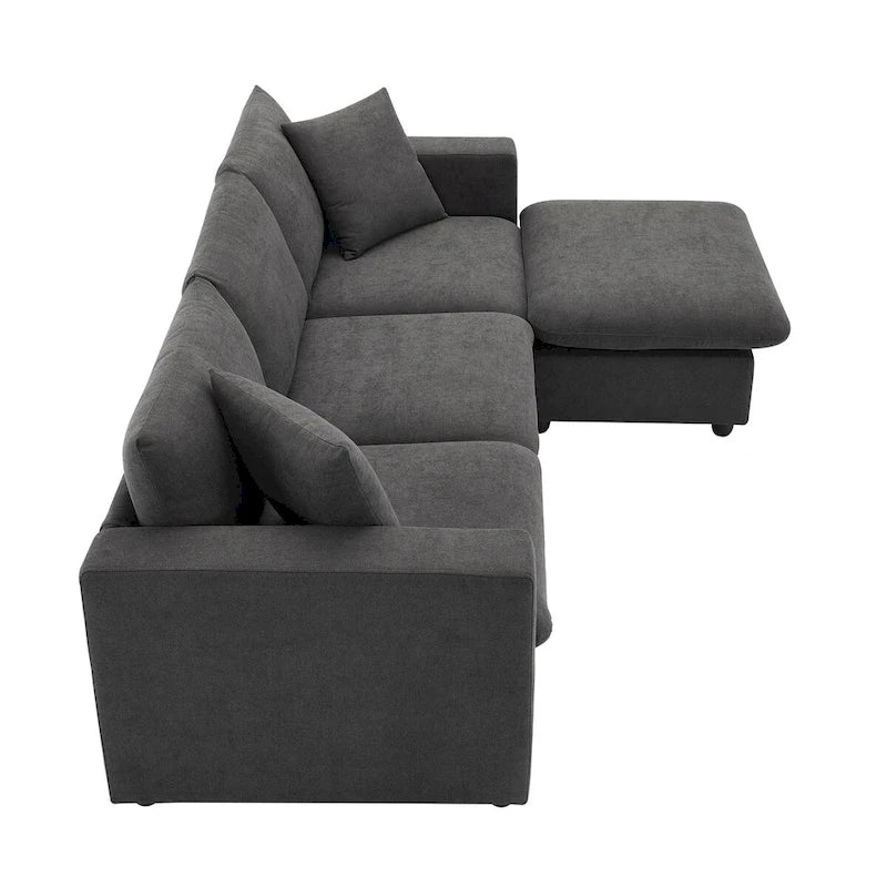 Canapé d'angle moderne, ensemble de canapé en forme de L avec 2 oreillers offerts, ensemble de canapé 4 places en tissu polyester avec ottoman convertible