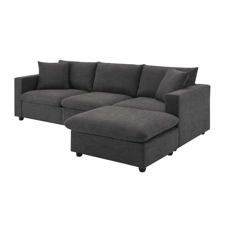Canapé d'angle moderne, ensemble de canapé en forme de L avec 2 oreillers offerts, ensemble de canapé 4 places en tissu polyester avec ottoman convertible