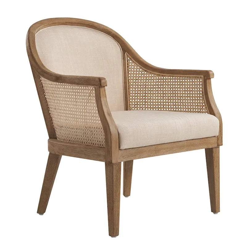 Fauteuil tonneau en rotin ivoire/lin, cadre en bois massif, siège simple