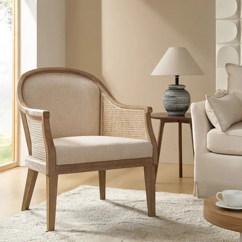 Fauteuil tonneau en rotin ivoire/lin, cadre en bois massif, siège simple