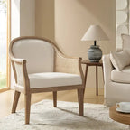 Fauteuil tonneau en rotin ivoire/lin, cadre en bois massif, siège simple