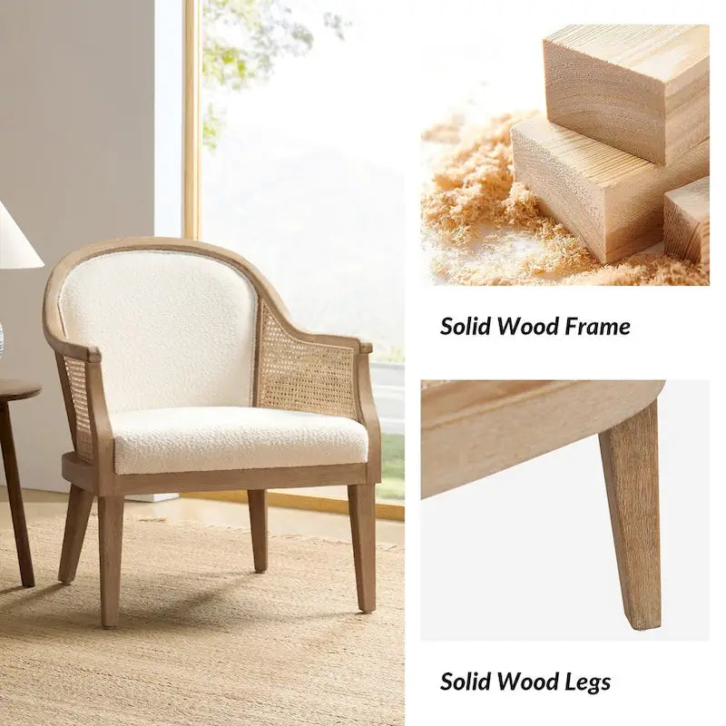 Fauteuil tonneau en rotin ivoire/lin, cadre en bois massif, siège simple