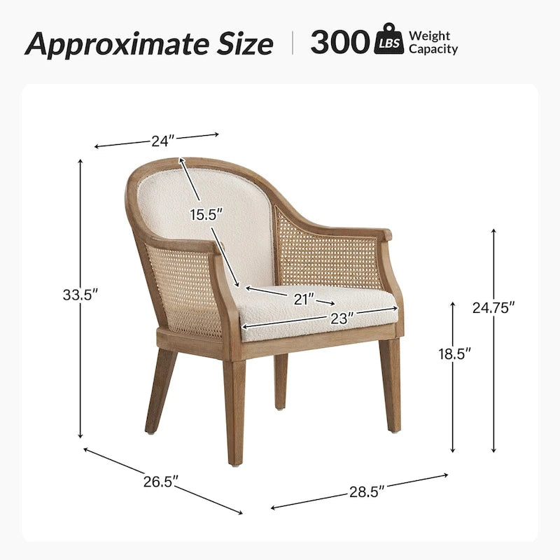 Fauteuil tonneau en rotin ivoire/lin, cadre en bois massif, siège simple