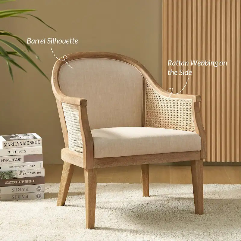 Fauteuil tonneau en rotin ivoire/lin, cadre en bois massif, siège simple