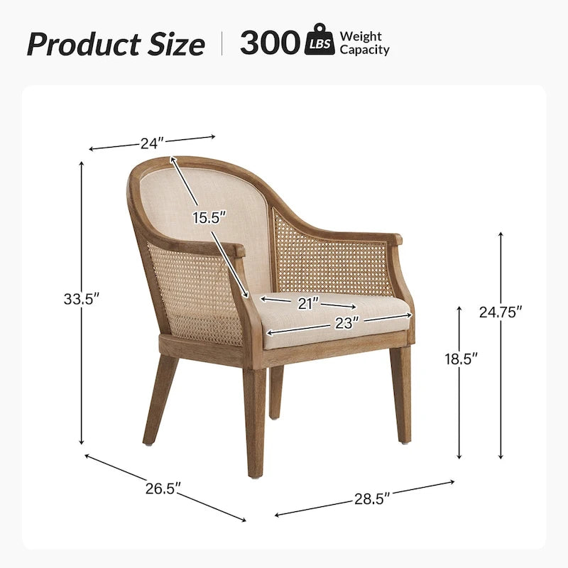 Fauteuil tonneau en rotin ivoire/lin, cadre en bois massif, siège simple