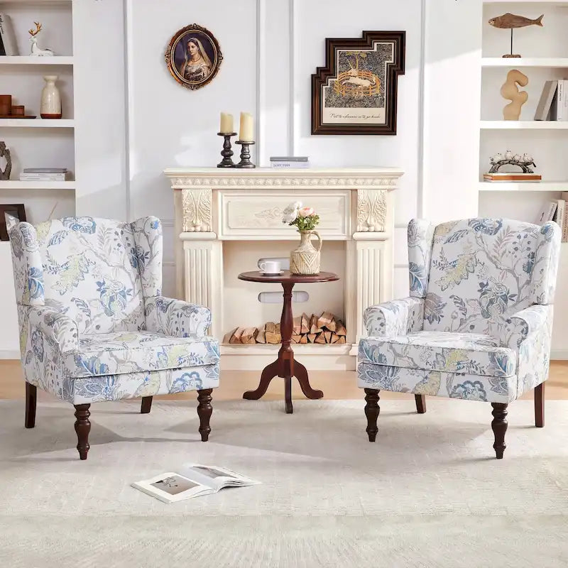 Fauteuil d'appoint avec pieds tournés, lot de 2, bleu/beige/gris