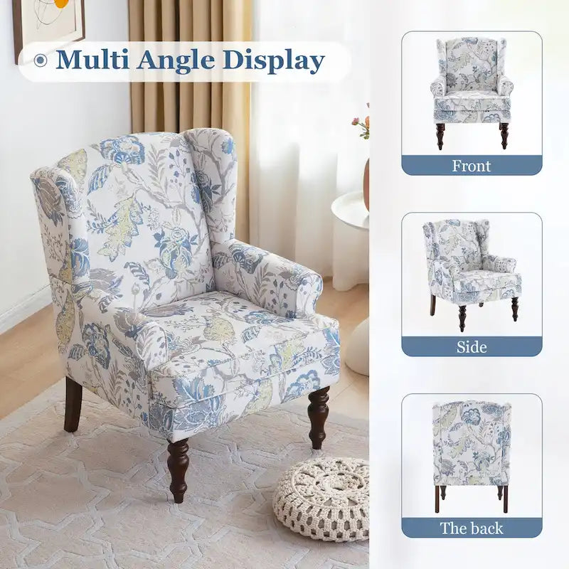 Fauteuil d'appoint avec pieds tournés, lot de 2, bleu/beige/gris