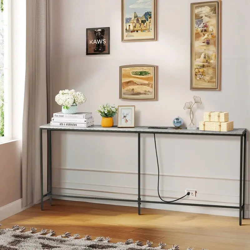 Table console de 70,9 pouces avec 2 prises de courant et ports USB, table d'entrée étroite, table de canapé pour le salon