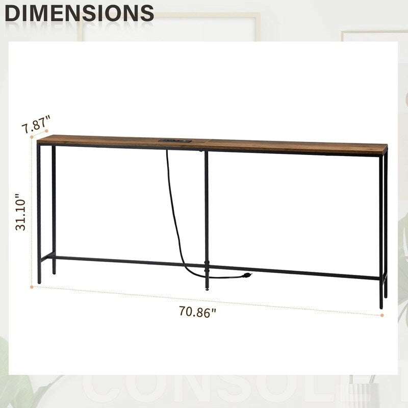 Table console de 70,9 pouces avec 2 prises de courant et ports USB, table d'entrée étroite, table de canapé pour le salon