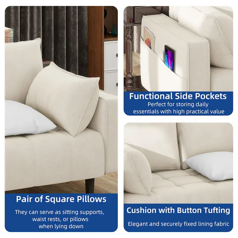 Causeuse capitonnée en velours Moasis 56 avec siège capitonné et poche de rangement latérale