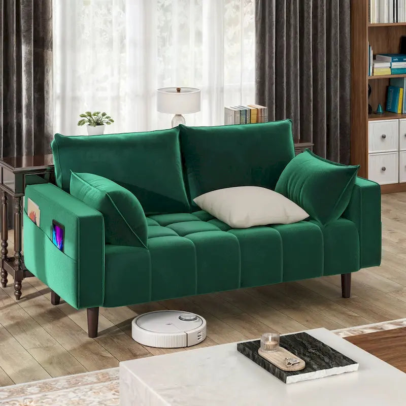 Causeuse capitonnée en velours Moasis 56 avec siège capitonné et poche de rangement latérale