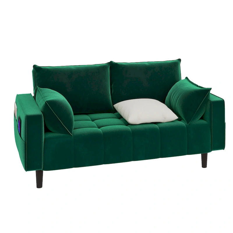 Causeuse capitonnée en velours Moasis 56 avec siège capitonné et poche de rangement latérale