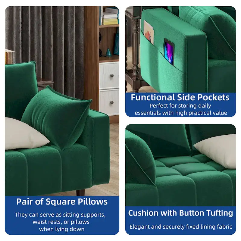 Causeuse capitonnée en velours Moasis 56 avec siège capitonné et poche de rangement latérale